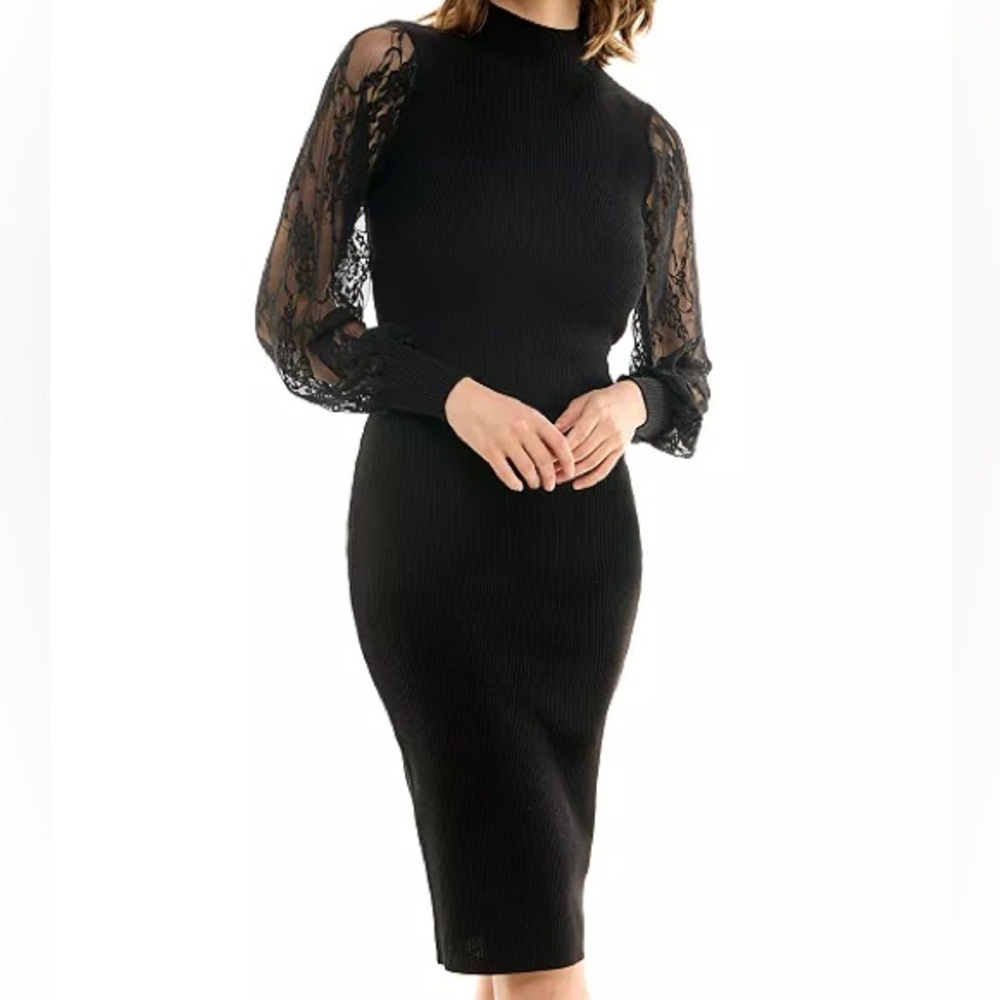 Crave Fame Black Lace Mock Neck Midi Bodycon Dress L Sheer Balloon Sleeve Knit